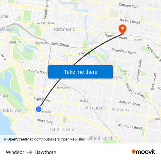 Windsor to Hawthorn map