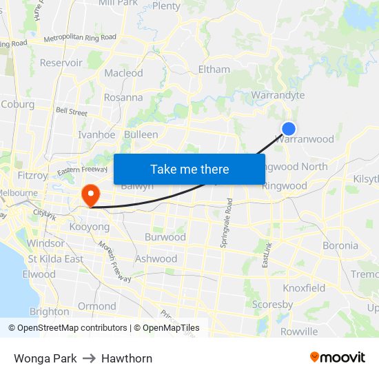 Wonga Park to Hawthorn map