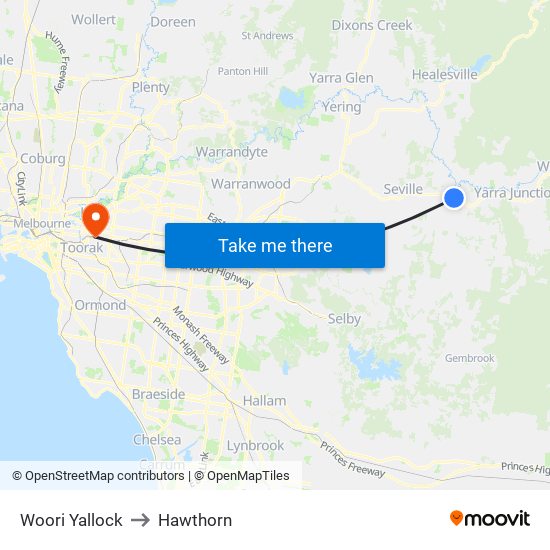Woori Yallock to Hawthorn map