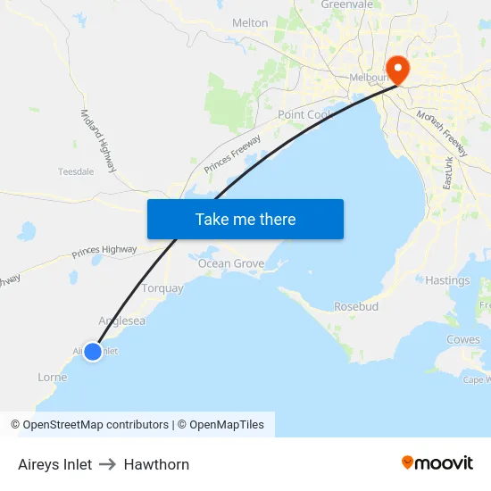 Aireys Inlet to Hawthorn map