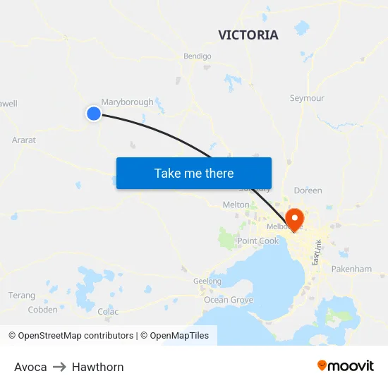 Avoca to Hawthorn map