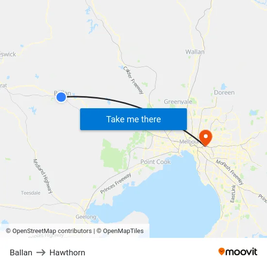 Ballan to Hawthorn map
