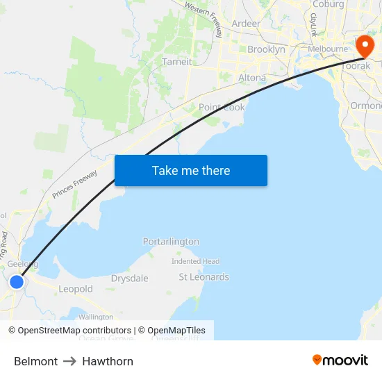 Belmont to Hawthorn map