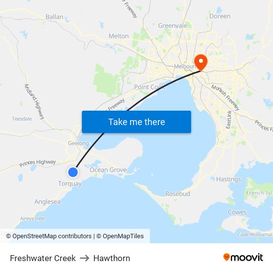 Freshwater Creek to Hawthorn map