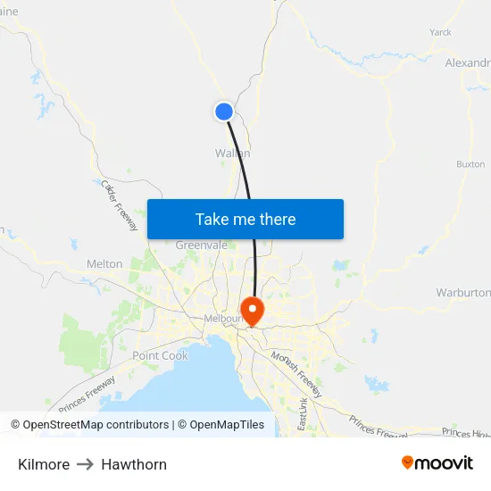 Kilmore to Hawthorn map