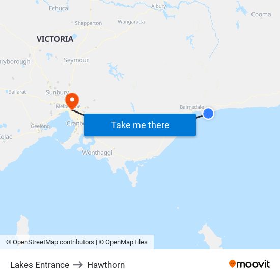 Lakes Entrance to Hawthorn map