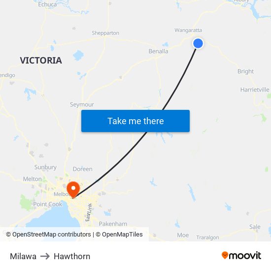 Milawa to Hawthorn map