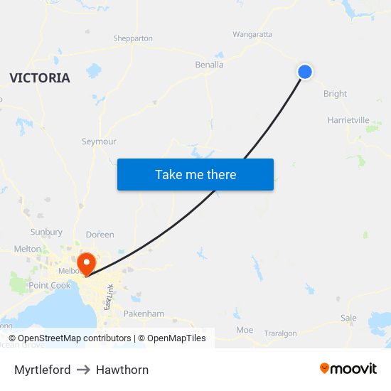 Myrtleford to Hawthorn map