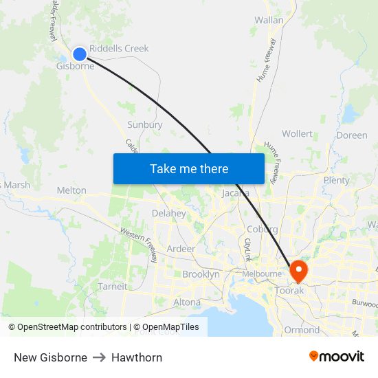 New Gisborne to Hawthorn map