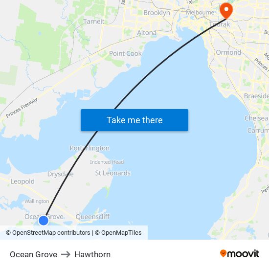Ocean Grove to Hawthorn map