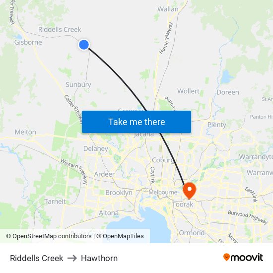 Riddells Creek to Hawthorn map