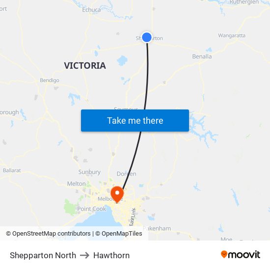 Shepparton North to Hawthorn map