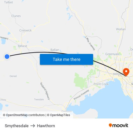 Smythesdale to Hawthorn map