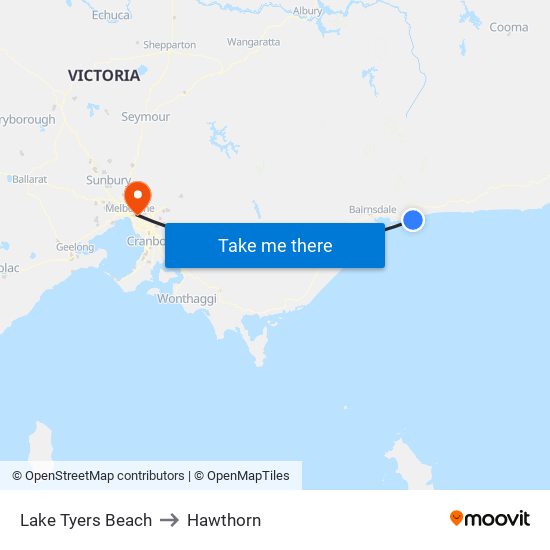 Lake Tyers Beach to Hawthorn map
