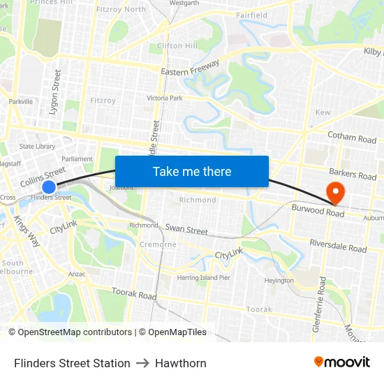Flinders Street Station to Hawthorn map