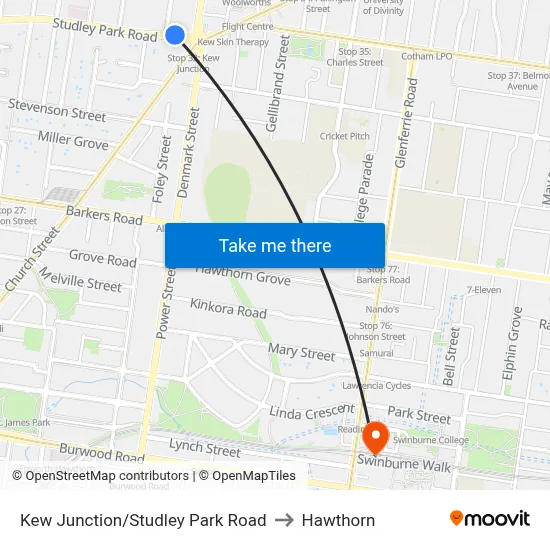 Kew Junction/Studley Park Road to Hawthorn map