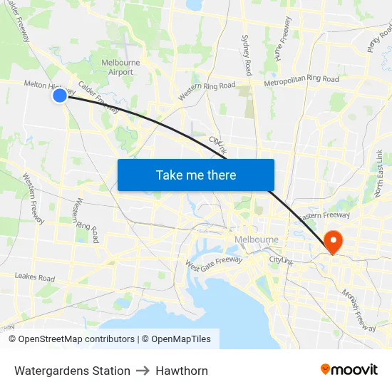 Watergardens Station to Hawthorn map