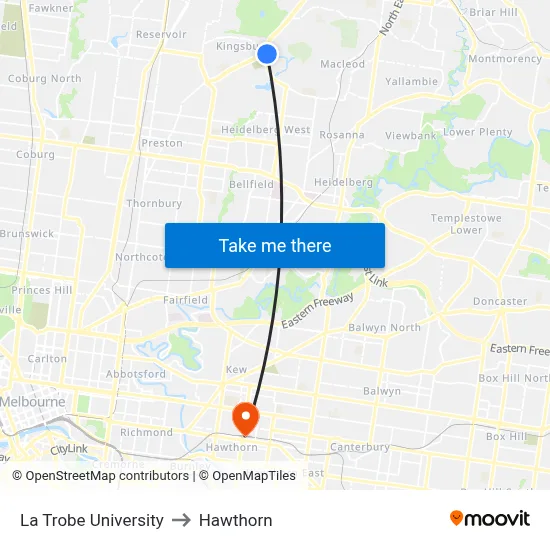 La Trobe University to Hawthorn map