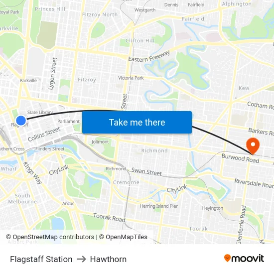 Flagstaff Station to Hawthorn map