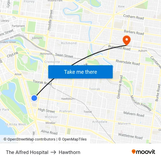 The Alfred Hospital to Hawthorn map