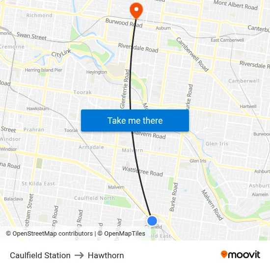 Caulfield Station to Hawthorn map