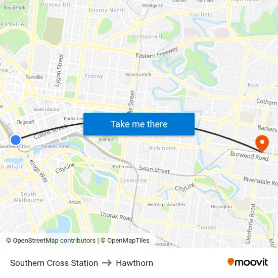 Southern Cross Station to Hawthorn map