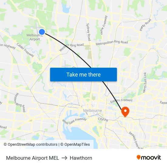 Melbourne Airport MEL to Hawthorn map