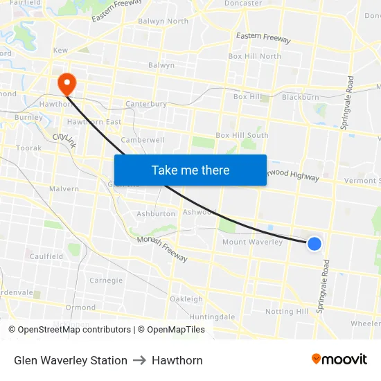 Glen Waverley Station to Hawthorn map