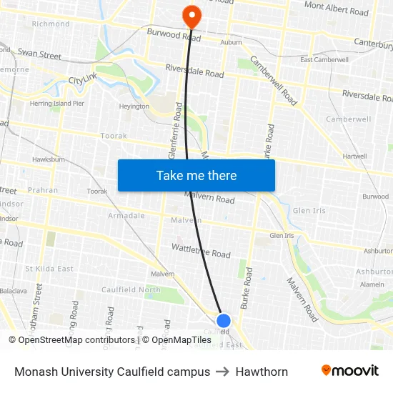Monash University Caulfield campus to Hawthorn map