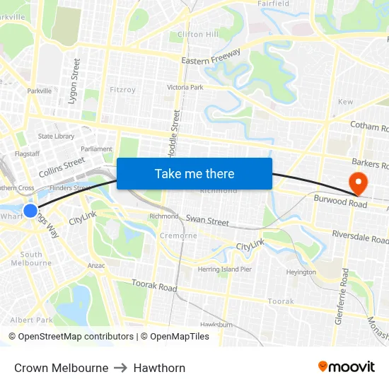 Crown Melbourne to Hawthorn map