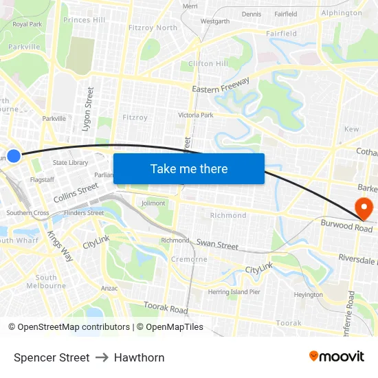 Spencer Street to Hawthorn map