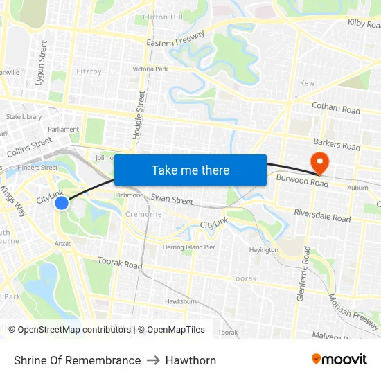 Shrine Of Remembrance to Hawthorn map