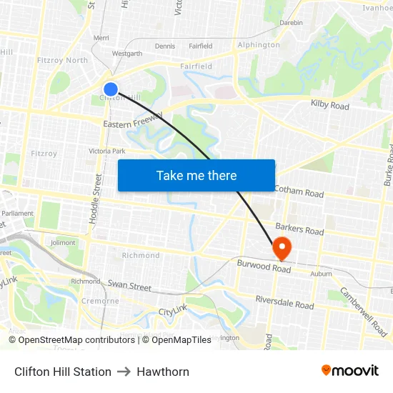 Clifton Hill Station to Hawthorn map