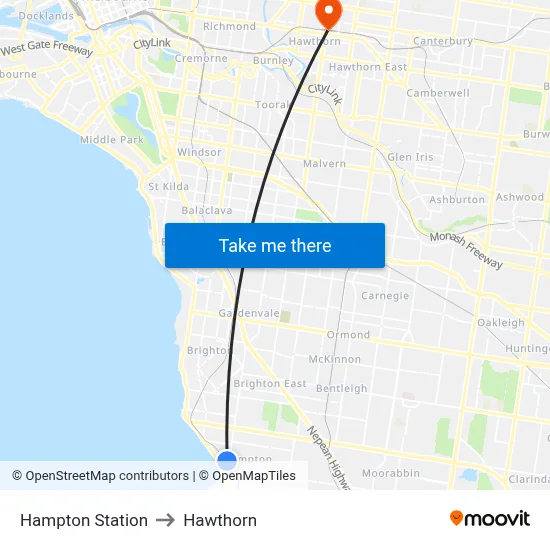 Hampton Station to Hawthorn map