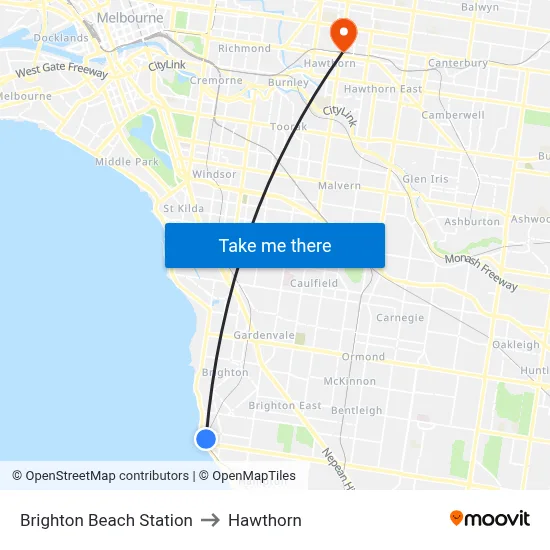 Brighton Beach Station to Hawthorn map