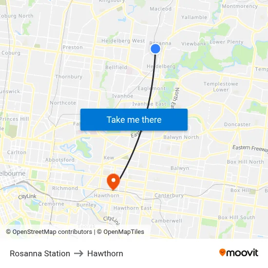 Rosanna Station to Hawthorn map