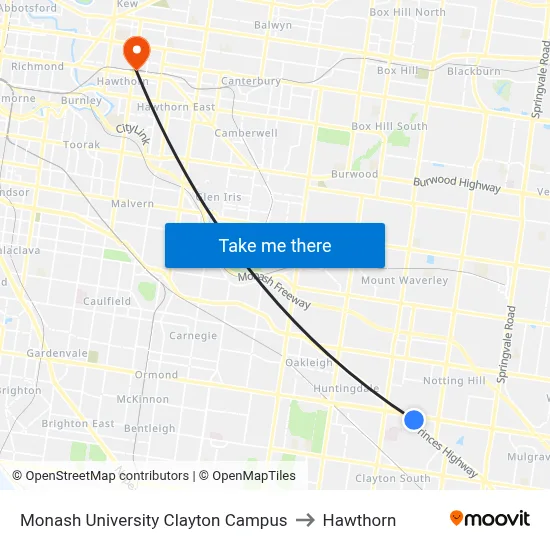 Monash University Clayton Campus to Hawthorn map