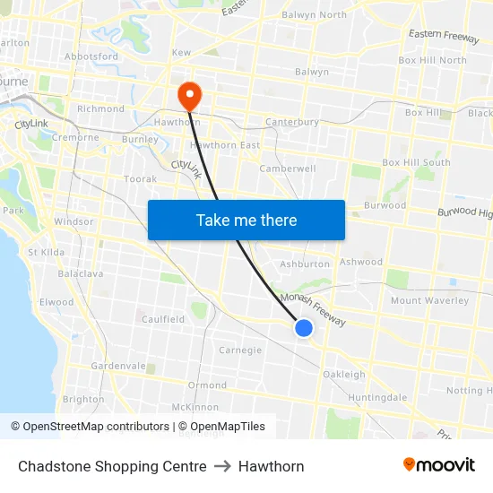 Chadstone Shopping Centre to Hawthorn map