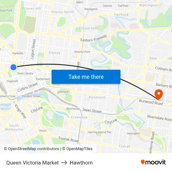 Queen Victoria Market to Hawthorn map