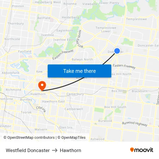 Westfield Doncaster to Hawthorn map