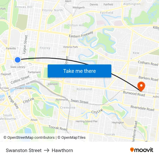 Swanston Street to Hawthorn map