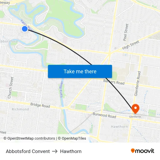 Abbotsford Convent to Hawthorn map