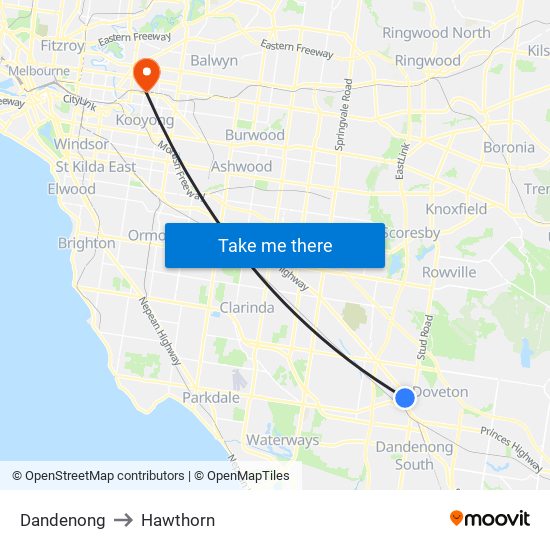 Dandenong to Hawthorn map