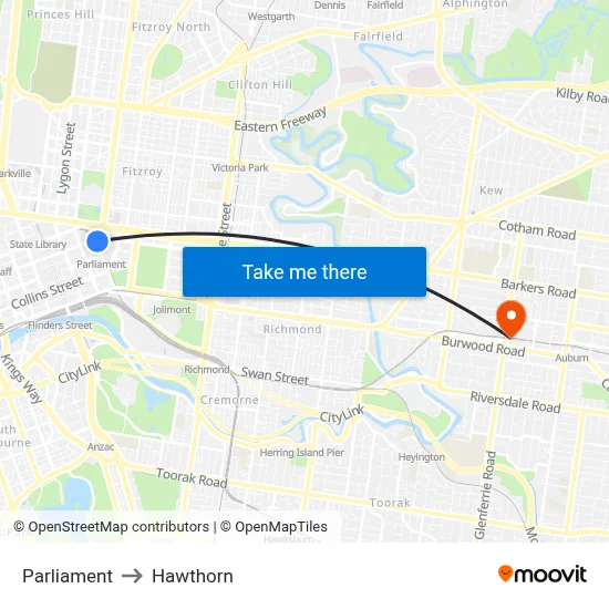 Parliament to Hawthorn map