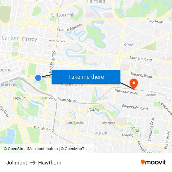 Jolimont to Hawthorn map