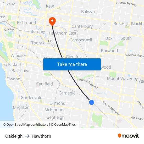 Oakleigh to Hawthorn map