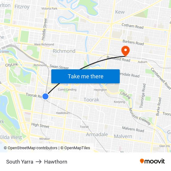 South Yarra to Hawthorn map