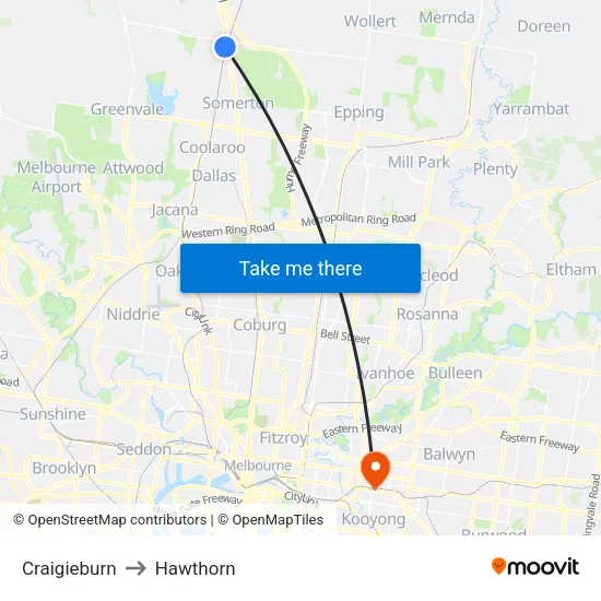 Craigieburn to Hawthorn map
