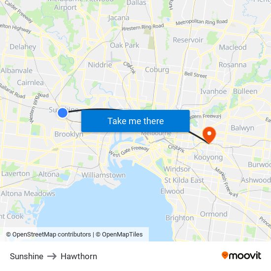 Sunshine to Hawthorn map