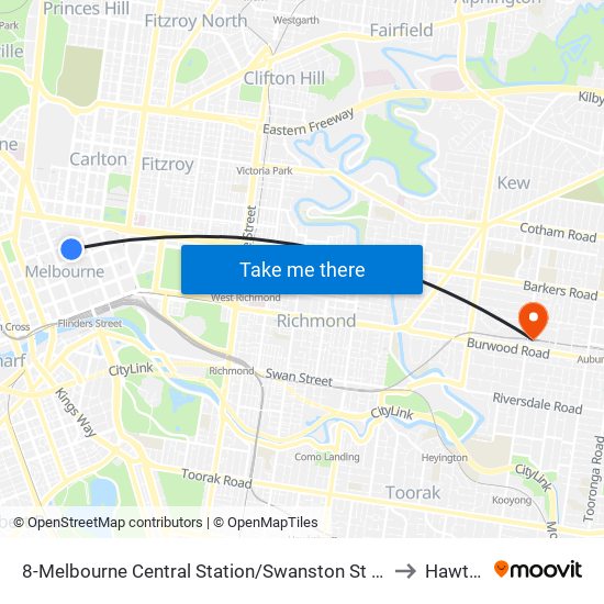 8-Melbourne Central Station/Swanston St (Melbourne City) to Hawthorn map